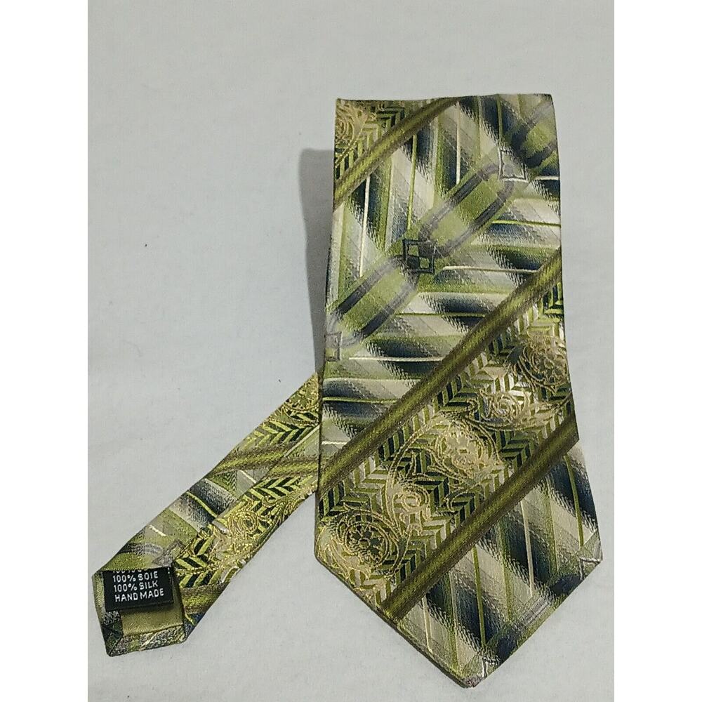 Angelino 100% Silk Handmade Green Scroll Stripe Pattern Tie 57 In 4-in Wide